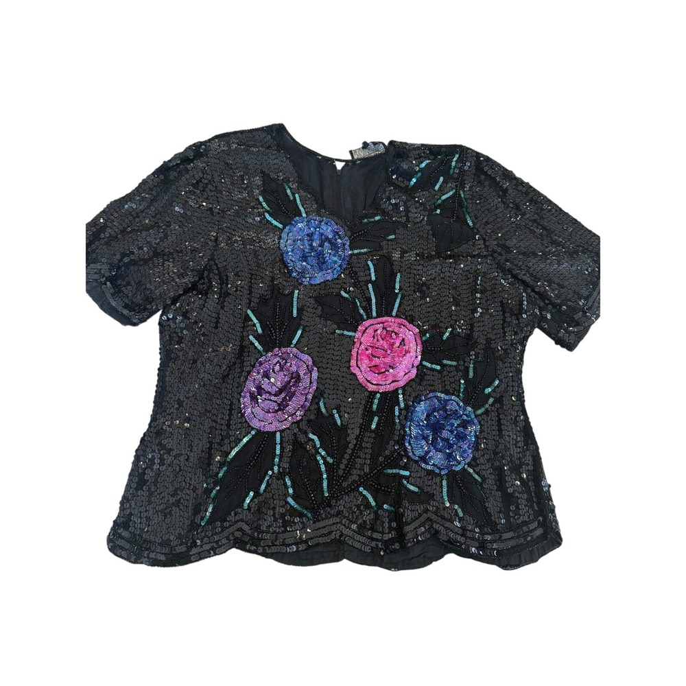 Royal Feelings Vintage Sequin Silk Floral Top Black Pink Blue Beaded Large